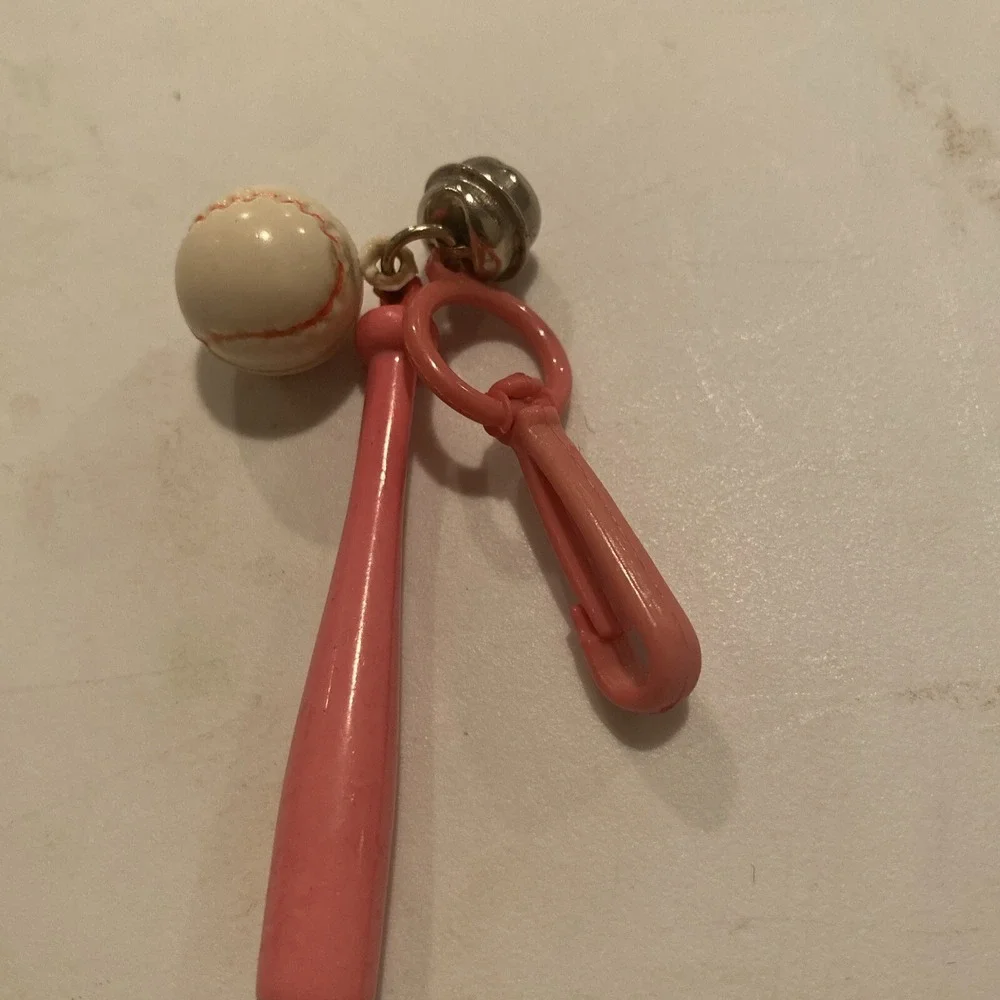 Vintage 1980s Plastic Bell Charm Pink Soft‎ Ball & Bat Charm For 80s Necklace